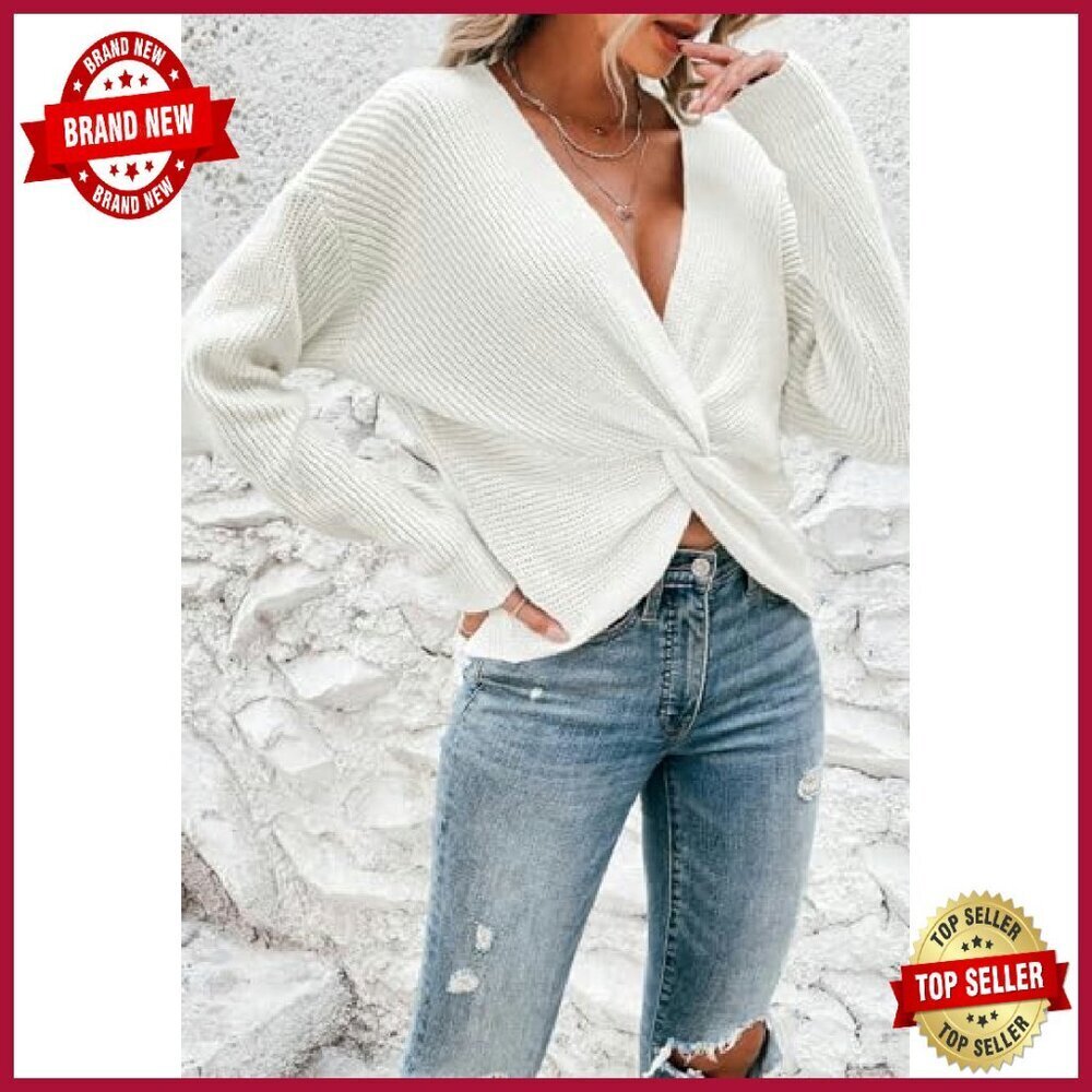 Cropped V-Neck Knit Sweater Long Sleeve Pullover Casual Tops - Picture 4 of 8